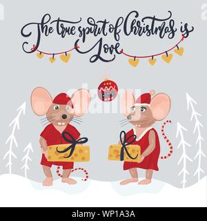 Vecteur de Noël souris. Cartoon illustration avec mise et le lettrage citation. Le véritable esprit de Noël, c'est l'amour. Illustration de Vecteur