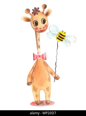 Illustration d'un personnage animal aquarelle couleur girafe debout et tenant une abeille sur une chaîne sur un arrière-plan blanc isolé. Banque D'Images