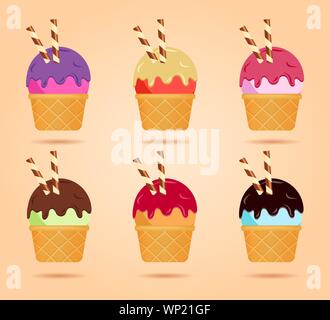 La crème glacée dans des différents coupe gaufre, produit laitier. Image cuillère à crème glacée de télévision dans le style. Vector illustration set. Illustration de Vecteur
