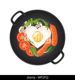 Poêle chaude avec les œufs, saucisses, champignons, tomates et laitue, vue du dessus. Isolé sur fond blanc. Vector illustration. Illustration de Vecteur