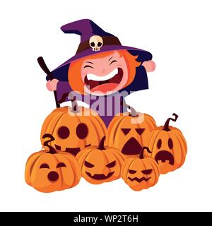 Smiling girl in costume halloween citrouille balai avec vector illustration Illustration de Vecteur