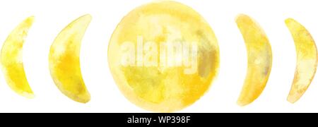 Phases de la lune, Scénario et dessin aquarellé avec les étapes de l'épilation, en déclin, et la pleine lune Illustration de Vecteur