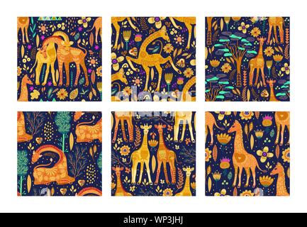 Patten transparente vector set avec mignon décoré à la main les girafes dans un style scandinave. Afrique animaux collection d'arrière-plan. Safari d'été fashion télévision girafe illustrations. Illustration de Vecteur