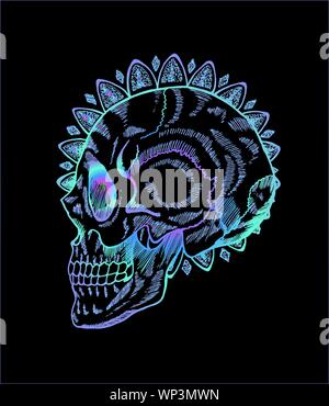 Modèle de couleur de l'illustration du crâne de profil. Crâne et mandala avec style Illustration de Vecteur