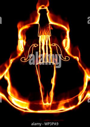 Violon classique en flammes sur fond noir Banque D'Images