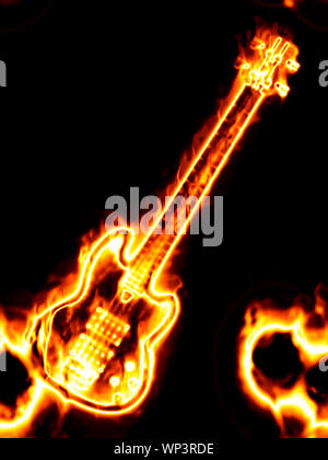 Guitare électrique dans le feu isolé sur fond noir. L'informatique ...