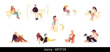 Ensemble de beaucoup de gens assis avec leurs chiens. Les hommes et les femmes en plein air avec des animaux domestiques. Illustration de Vecteur