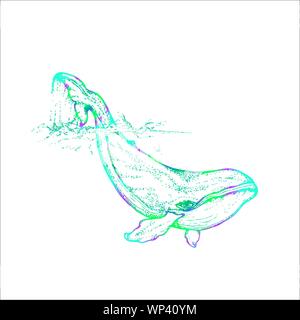 Illustration d'un néon montée en queue de baleine vagues de la mer. Une idée pour un tatouage. Illustration de Vecteur
