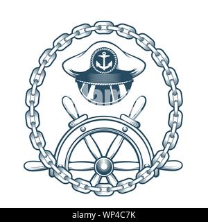 Le capitaine Hat et volant en cercle de chaînes. Nautique gravé emblème. Vector Illustration. Illustration de Vecteur