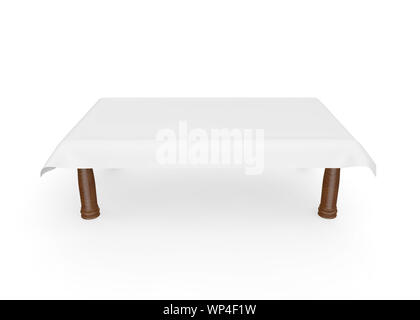 Une table en bois rectangulaire avec une nappe blanche. Il y a de la place pour votre conception. Isolé sur fond blanc. 3D illustration Banque D'Images