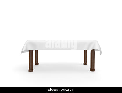 Une table en bois rectangulaire avec une nappe blanche. Il y a de la place pour votre conception. Isolé sur fond blanc. 3D illustration Banque D'Images