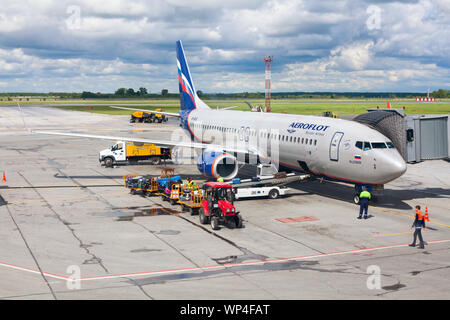 NOVOSIBIRSK, RUSSIE Aéroport Tolmachevo, des services au sol de l'avion Boeing 737-800 le nom de N. Leskov, Aeroflot Airlines, chargement des bagages Banque D'Images