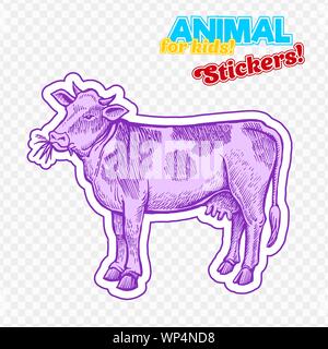 Animaux de ferme vache dans un style croquis sur autocollant coloré. Isolé sur fond transparent. Peut être utilisé pour un livre à colorier mignon pour les enfants.  : Silhouette pour papier découpage Illustration de Vecteur