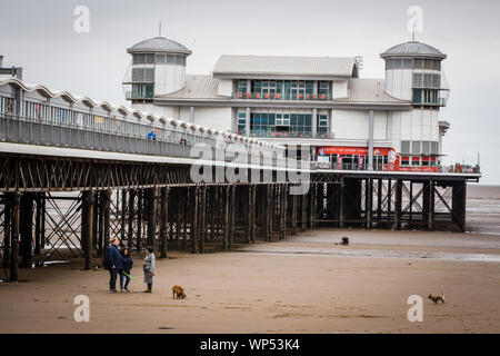 Dog Walkers parler par le Grand Pier à Weston-Super-Mare Banque D'Images