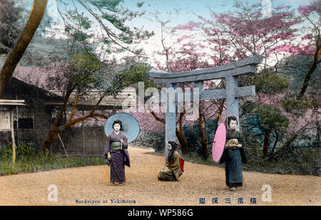 [ 1910 Japon - les femmes à un jardin japonais ] - trois femmes en kimono, deux avec des parasols, à Sankei-en Garden, un jardin de style traditionnel japonais à Yokohama, Kanagawa. Sankei-en a été conçu et construit par l'opérateur de soie Tomitaro Hara (1868-1939), alias Sankei Hara. Il a ouvert ses portes en 1906. 20e siècle vintage carte postale. Banque D'Images