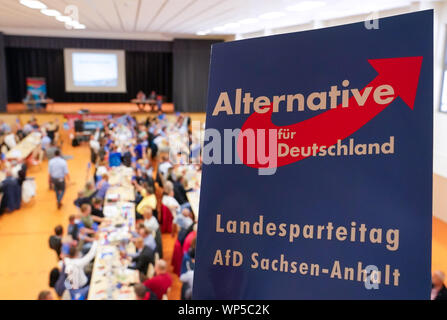 Septembre 07, 2019 Weißandt Gölzau-Saxe-anhalt, : Les délégués s'asseoir dans une salle polyvalente à l'État partie de la conférence AfD Saxe-anhalt. La question centrale est l'élection d'un nouvel état de la cour d'arbitrage. Photo : Peter Endig/dpa-Zentralbild/dpa Banque D'Images