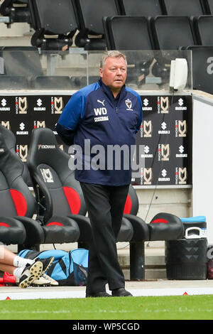 Milton Keynes, Royaume-Uni. Sep 7, 2019. Le Wimbledon manager Wally Downes au cours de la Sky Bet League 1 match entre MK Dons et l'AFC Wimbledon à Stade MK, Milton Keynes le samedi 7 septembre 2019. (Crédit : John Cripps | MI News) usage éditorial uniquement, licence requise pour un usage commercial. Photographie peut uniquement être utilisé pour les journaux et/ou magazines des fins éditoriales Crédit : MI News & Sport /Alamy Live News Banque D'Images