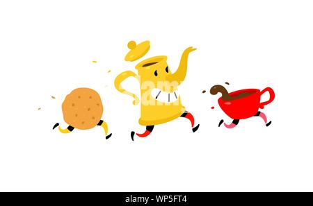 L'exécution de cafetière avec une tasse de café et des biscuits. Vecteur. Personnages loufoques pour un café. Logo pour le thé. Thé et café. Illustration de Vecteur