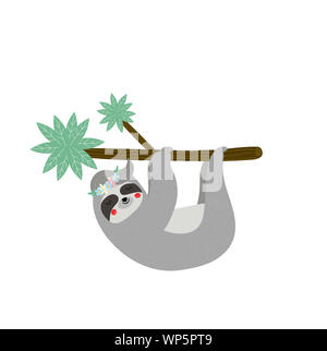 Cute funny sloth hanging on palm tree branch isolé sur fond blanc. T-shirt print design. Portrait de l'animal endormi dans flower wreath carto Banque D'Images