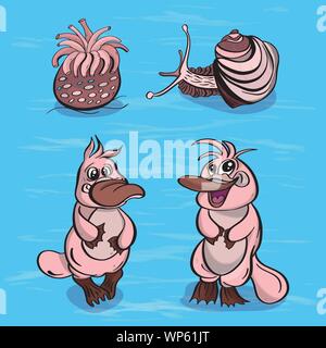 Caractères d'illustration vectorielle, habitants de la mer et les mollusques platypus d'algues sur un fond texturé Illustration de Vecteur