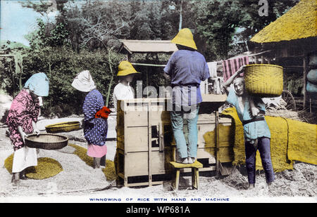 [ 1920 - Japon les agriculteurs japonais vanner le riz ] - les agriculteurs japonais vanner le riz avec une toumi (唐箕, vanner machine), ca. Années 1880. Le processus de séparation du grain de l'ivraie a été appelé fusen (風選), et d'une personne en cause l'alimentation toumi avec grain, tandis qu'une autre tournée le ventilateur. Le vent a fait le reste. Cette carte postale est d'une série sur l'agriculture japonaise, appelé Farmer La vie au Japon. 20e siècle vintage carte postale. Banque D'Images