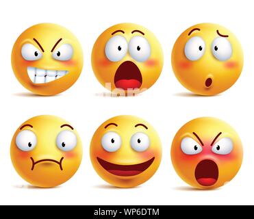 Smileys vector set. Smileys ou émoticônes jaune avec des expressions faciales et des émotions comme heureux, criant, confus et choqué en blanc isolé Illustration de Vecteur