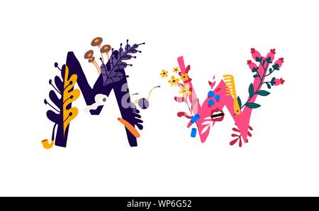 Lettres d'Amérique latine M et W en couleurs et des choses. Vecteur. Lettres en éléments décoratifs. Logo de l'entreprise. Affiche ou d'un monogramme. Style de dessin animé. Toilettes signe. Illustration de Vecteur