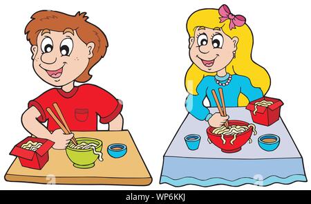 Boy and girl eating Chinese food Illustration de Vecteur