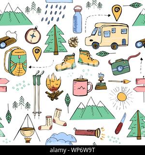 Avec motif transparent à la main style doodle les éléments liés à la randonnée, le camping et les voyages en montagne Illustration de Vecteur