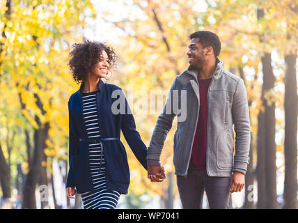 Black couple holding hands en marchant par autumn park Banque D'Images