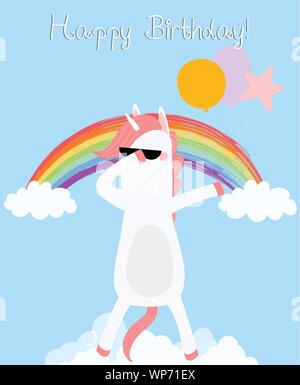 Unicorn badigeonnage joyeux anniversaire carte de vœux. Cheval en DAB avec des ballons verres en discothèque le nuage arc-en-ciel. Cute animal bébé douche partie design Illustration de Vecteur