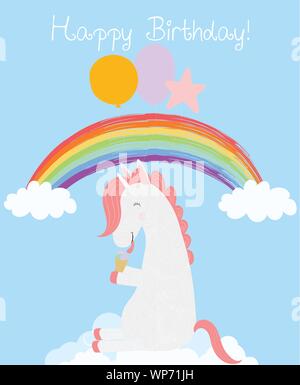 Unicorn mignon avec des ballons eating ice cream assis sur nuage blanc en bleu ciel arc-en-ciel. Joyeux anniversaire carte de vœux. Funny horse animal bébé douche d Illustration de Vecteur