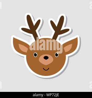 Autocollant de Noël. Portrait de funny deer. Funny cartoon face à des animaux de ferme. Vector illustration. Illustration de Vecteur