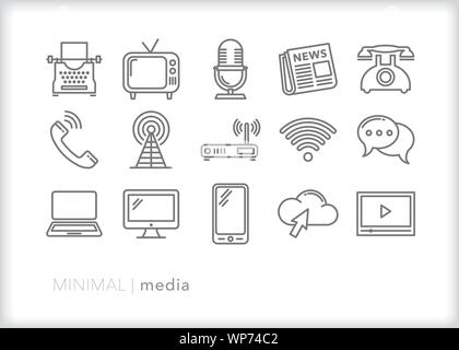 Ensemble de 15 icônes de ligne de médias de la technologie et les formes de communication, de l'information et l'actualité Illustration de Vecteur