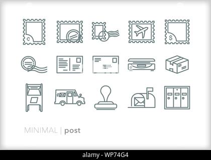 Ensemble de 15 icônes de ligne de timbres de poste, courrier, et philatélie Illustration de Vecteur