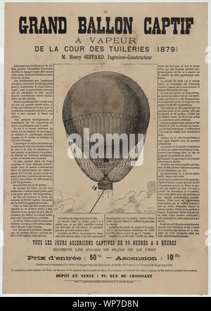 Le grand ballon captif un vapeur de la cour des Tuileries (1879), M. Henry Giffard, ingénieur-constructeur, Broadside annonçant l'ascension d'Henri Giffard, ballon captif dans la cour des Tuileries, Paris. Comprend des photos du ballon géant avec les passagers dans le panier. ; Banque D'Images