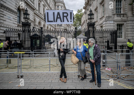 Londres, Royaume-Uni. 7 Septembre, 2019. Un Pro-Brexit manifestant est titulaire d'un placard "menteur !" à l'extérieur portes de Downing Street pour protester contre "Boris Johnson's coup d'Etat contre le processus démocratique". Crédit : Guy Josse/Alamy Live News Banque D'Images