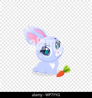 Cute Funny Lapin avec carotte isolé sur fond transparent. Peu de grands yeux Kawaii Bunny avec élément de conception de jeu vidéo ou de douche de bébé Gr Illustration de Vecteur