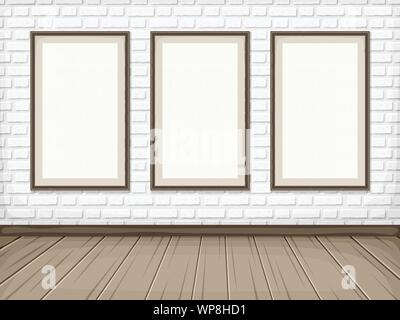 Vector show room avec mur en brique blanche, plancher en bois et des cadres d'image vierge. Illustration de Vecteur