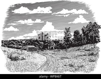 Gravure sur bois-style illustration d'une route de terre menant de nouveau à une ancienne grange. Illustration de Vecteur