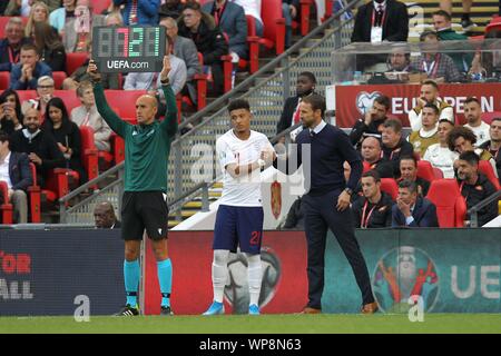 Londres, Royaume-Uni. 05 Sep, 2019. Gestionnaire de l'Angleterre Gareth Southgate envoyer Jadon, Sancho sur comme un substitut au cours de l'UEFA Euro 2020 Groupe admissible un match entre l'Angleterre et la Bulgarie au stade de Wembley le 7 septembre 2019 à Londres, en Angleterre. (Photo par Matt Bradshaw/phcimages.com) : PHC Crédit Images/Alamy Live News Banque D'Images