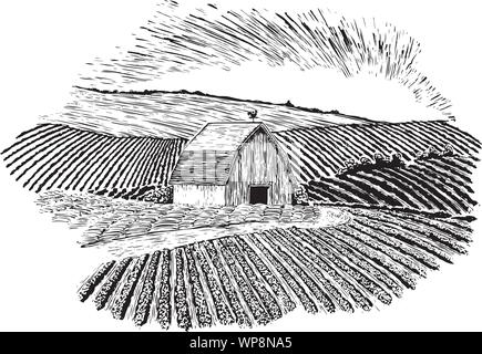 Gravure sur bois-style illustration d'une grange de ferme avec les collines en arrière-plan et de premier plan. Un chemin de terre mène à la grange au-delà d'un champ de foin. Illustration de Vecteur