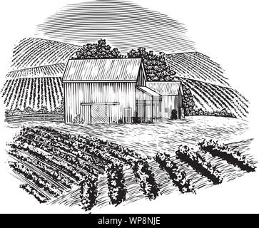 Gravure sur bois illustration d'une scène avec grange vintage collines de cultures dans l'avant-plan et arrière-plan. Illustration de Vecteur
