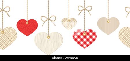 Valentines Vector background transparent horizontal avec de papier, tissu texturé et coeurs en bois sur blanc. Illustration de Vecteur