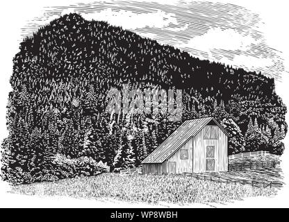 Illustration de style gravure sur bois d'une ancienne grange avec une montagne en arrière-plan. Illustration de Vecteur