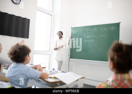 Teacher standing près de tableau noir et de parler à d'élèves Banque D'Images