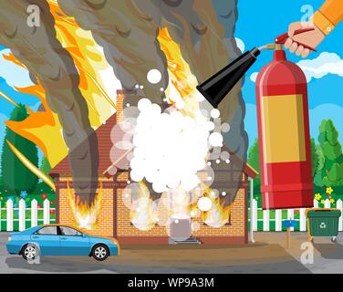 Maison en bois brûle le feu au chalet. Éteindre le feu dans la maison. Fireman part avec l'extincteur. Assurance de biens. Nature Paysage. Concept des catastrophes naturelles. Vector illustration style de télévision Illustration de Vecteur
