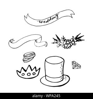 Clipart de mariage avec cylindre blue hat, rubans, anneaux, diadem. éléments de conception pour le mariage. Illustration de Vecteur