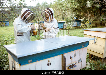 Deux beekepers en uniforme de protection travaillant sur le rucher ruches en bois en plein air Banque D'Images