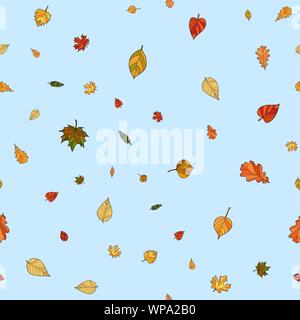 Les feuilles d'automne doodle vecteur abstrait motif transparente - les feuilles tombent du ciel bleu... Illustration de Vecteur